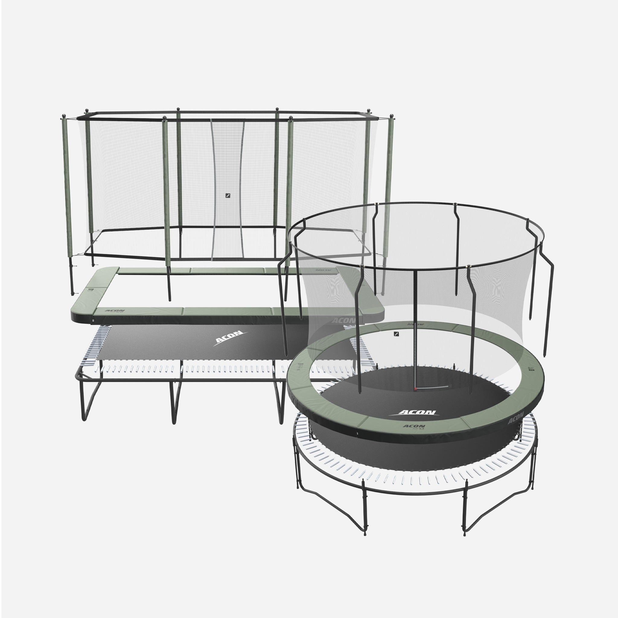 Poikkileikkauskuva suorakaiteen muotoisesta ja pyöreästä ACON trampoliinista turvaverkolla
