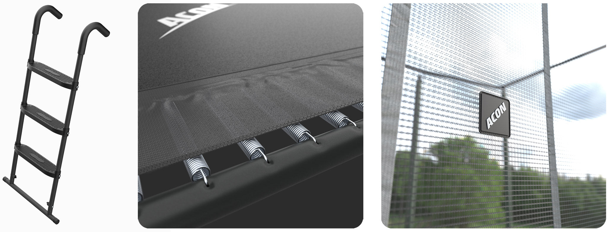 Trampoliinitikkaat, lähikuvat jousisuojasta ja turvaverkosta