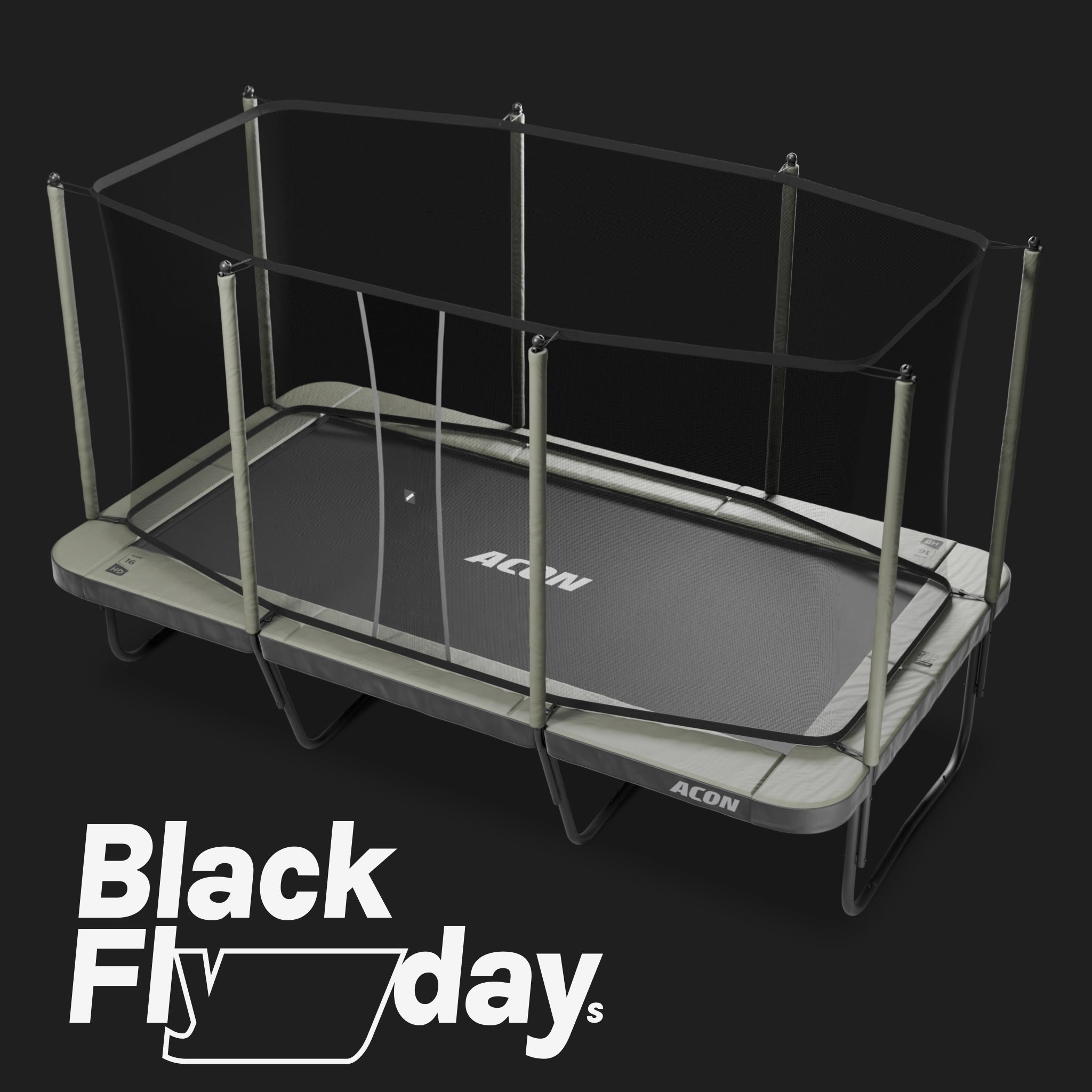Black Friday arvonta 2025 - suorakulmainen Acon 16 HD trampoliini turvaverkolla.