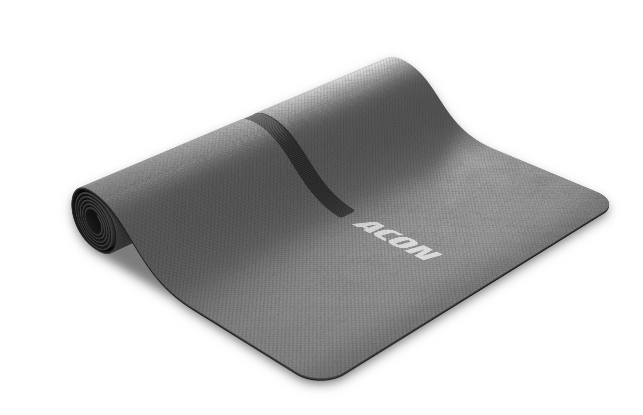 Musta joogamatto, jossa on tasapainon löytämistä helpottava keskilinja sekä harmaa ACON logo