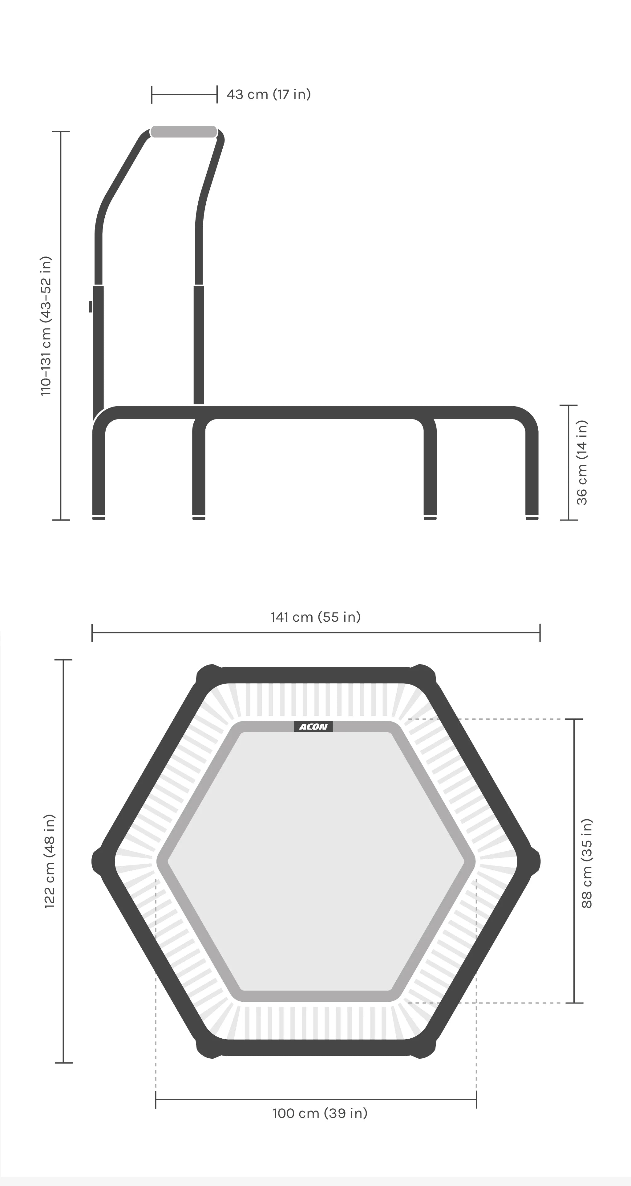 Kuusikulmaisen Acon FIT Active trampoliinin mitat.