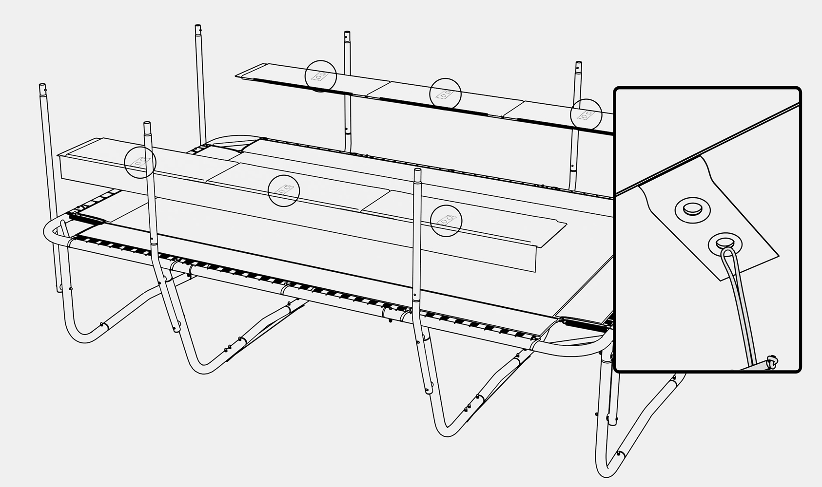 Piirroskuva trampoliinin kokoamisohjeesta.