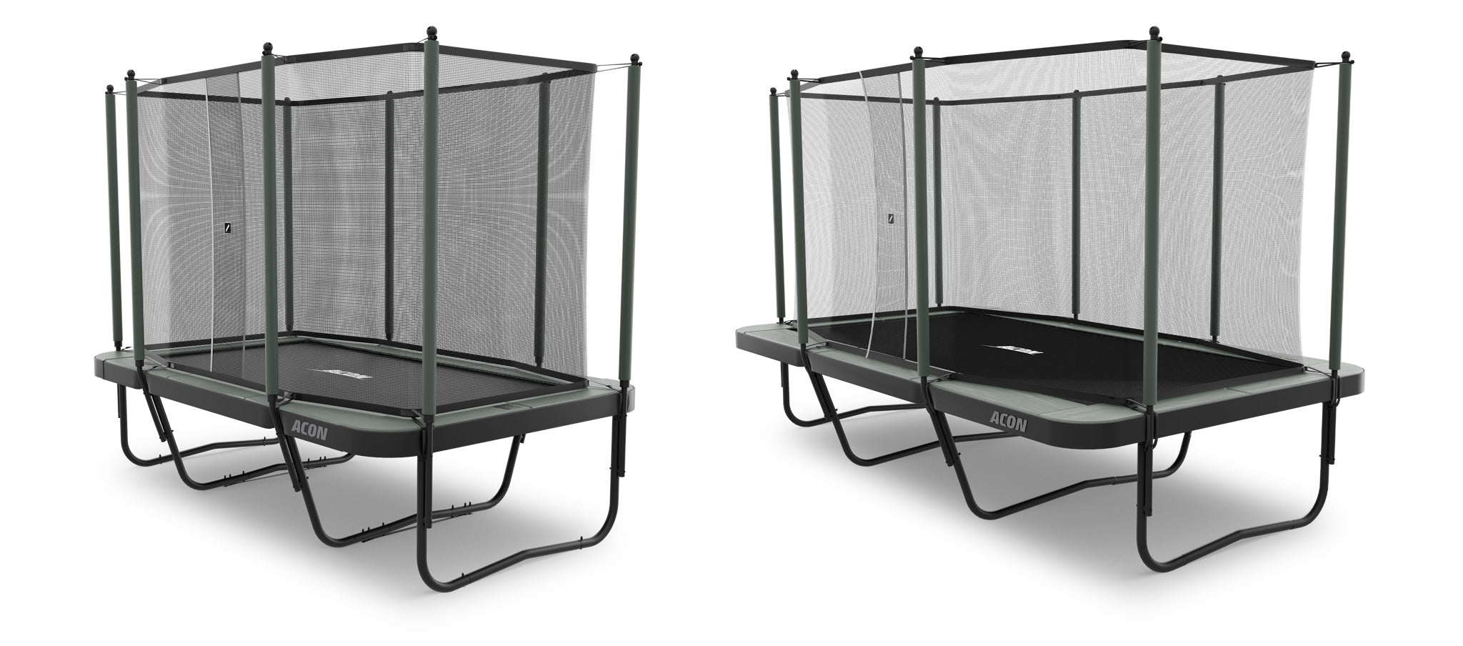 ACON suorakulmaiset trampoliinit turvaverkolla ja Performance-paketilla varustettuna. Vasemmalla on pienempi 13 HD trampoliini ja oikealla on suurempi 16 HD trampoliini