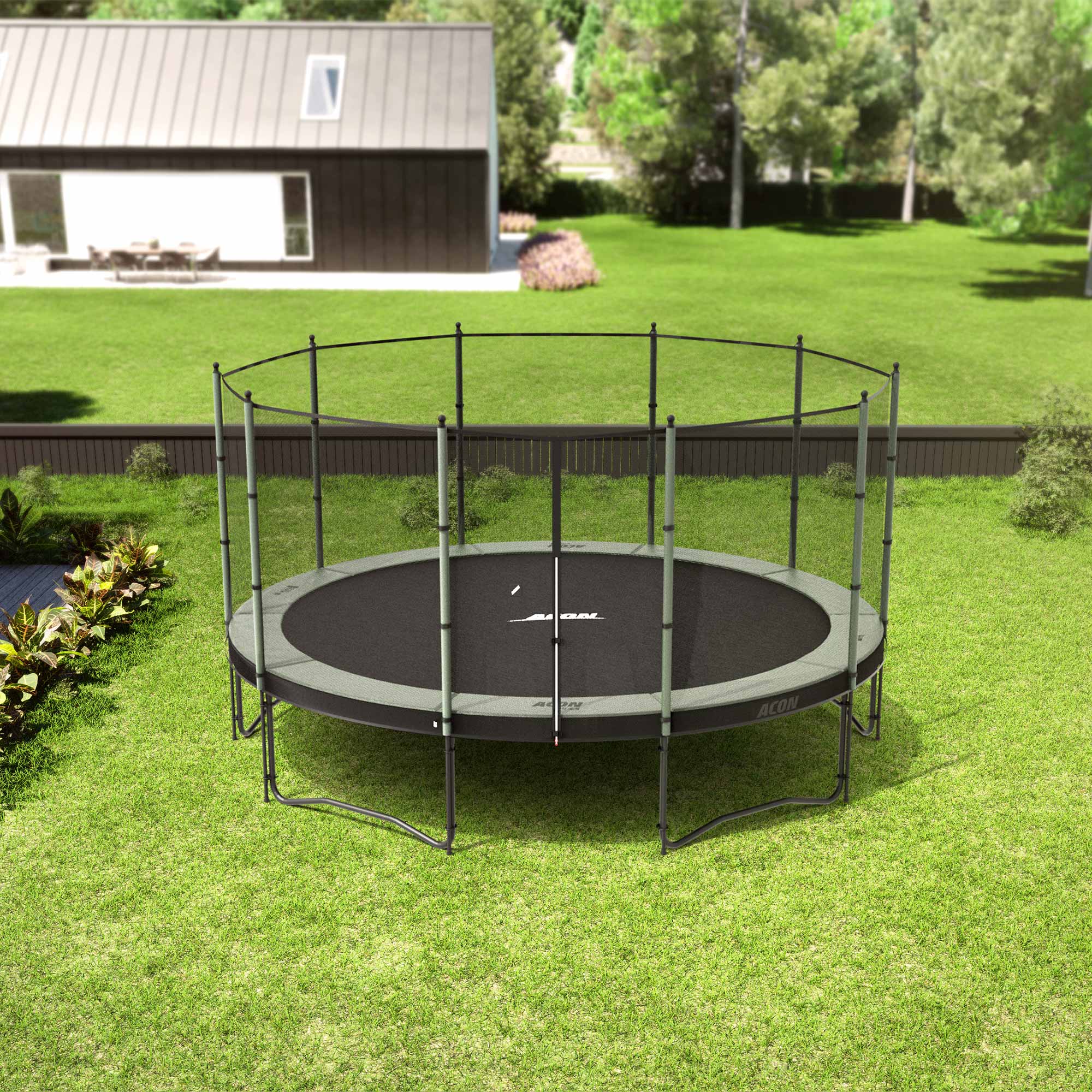 ACON Air 4,6m trampoliini Standard turvaverkolla takapihalla.
