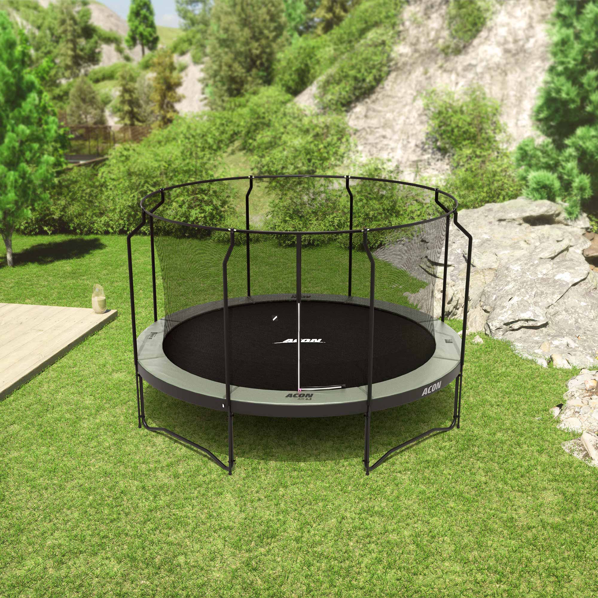 Pyöreä Acon trampoliini premium turvaverkolla.