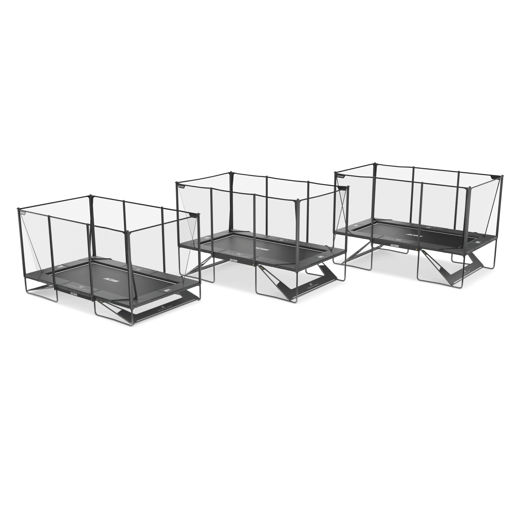 Kolme Acon X -trampoliinia asennettuna eri korkeuksiin korotussetin avulla, ylhäältä katsottuna.