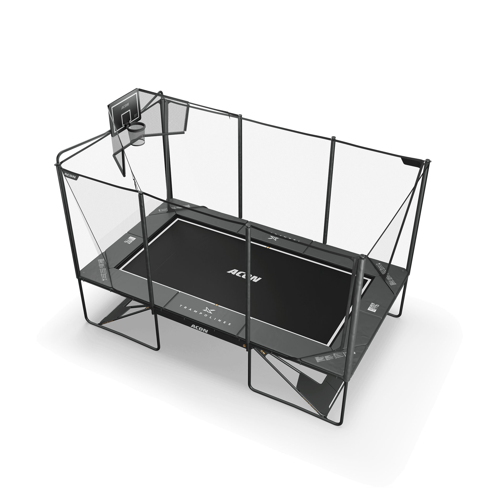 Acon X 17ft suorakulmainen trampoliini, jossa Acon X-koripallokori ja takaverkko.