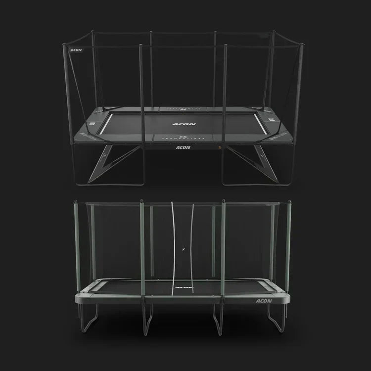 Acon X 17 ja Acon Air 16 Sport HD trampoliinit mustalla taustalla.