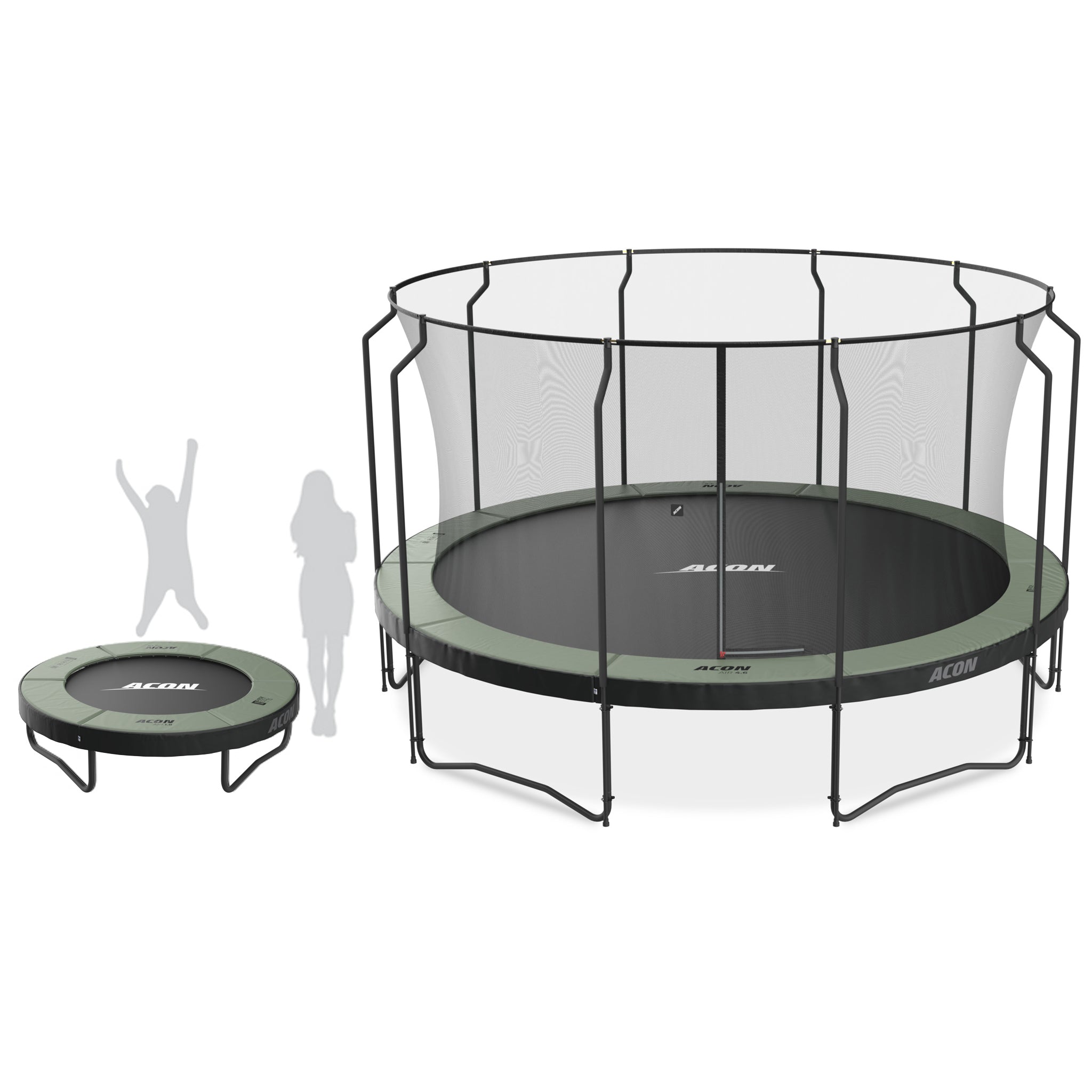 Trampoliini koko havainnollistaja. Kuvassa kaksi Acon trampoliinimallia.
