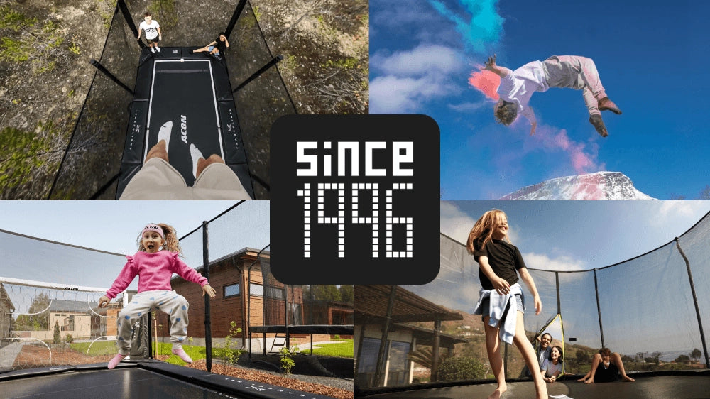 Kuvakokoelma Acon-trampoliinilla hyppijöistä sekä Since 1996 -merkki, joka korostaa brändin historiaa.