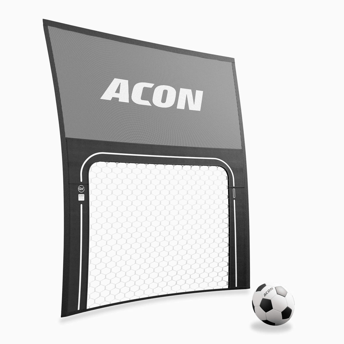 ACON Air Jalkapallomaali ACON Air pyöreään trampoliiniin pallon kanssa valkoisella taustalla.