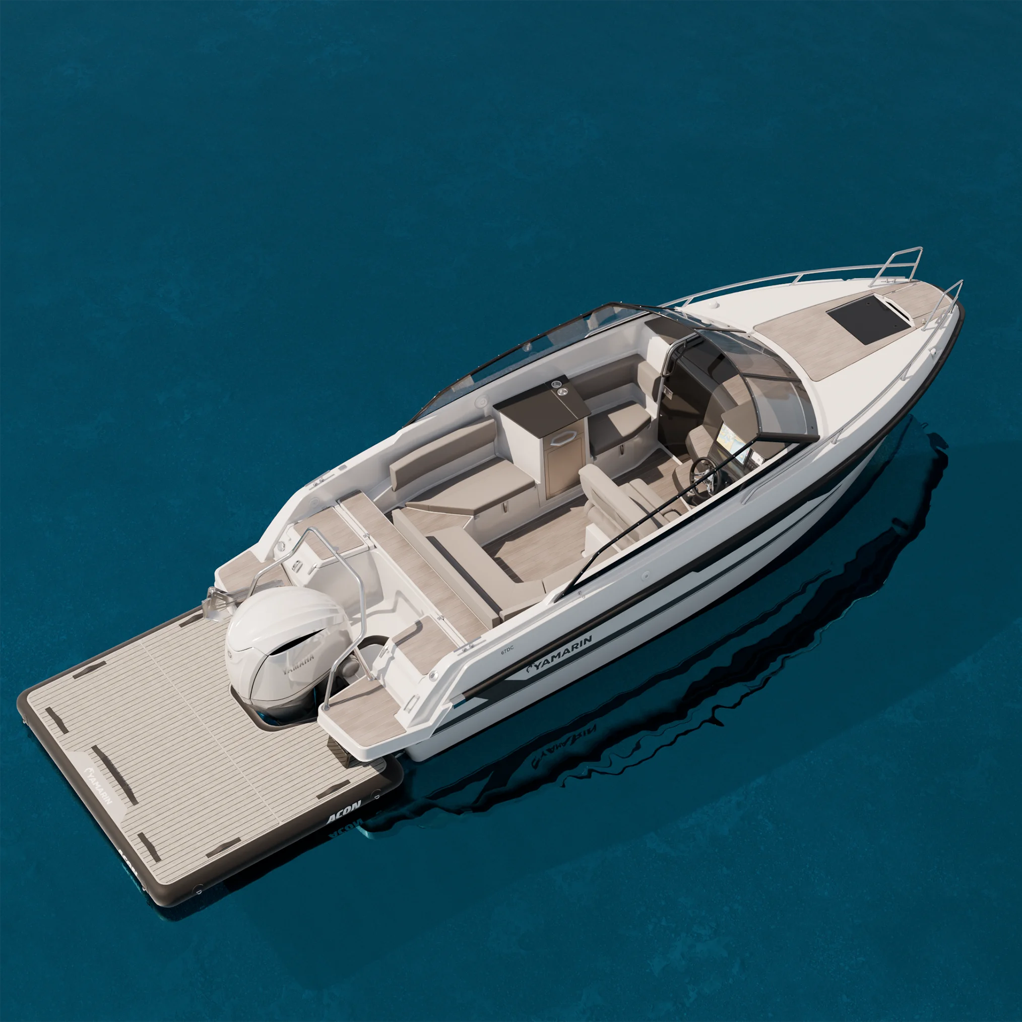 Ylhäältä otettu kuva Yamarin-veneestä, jonka perään on kiinnitetty Acon Airdeck.