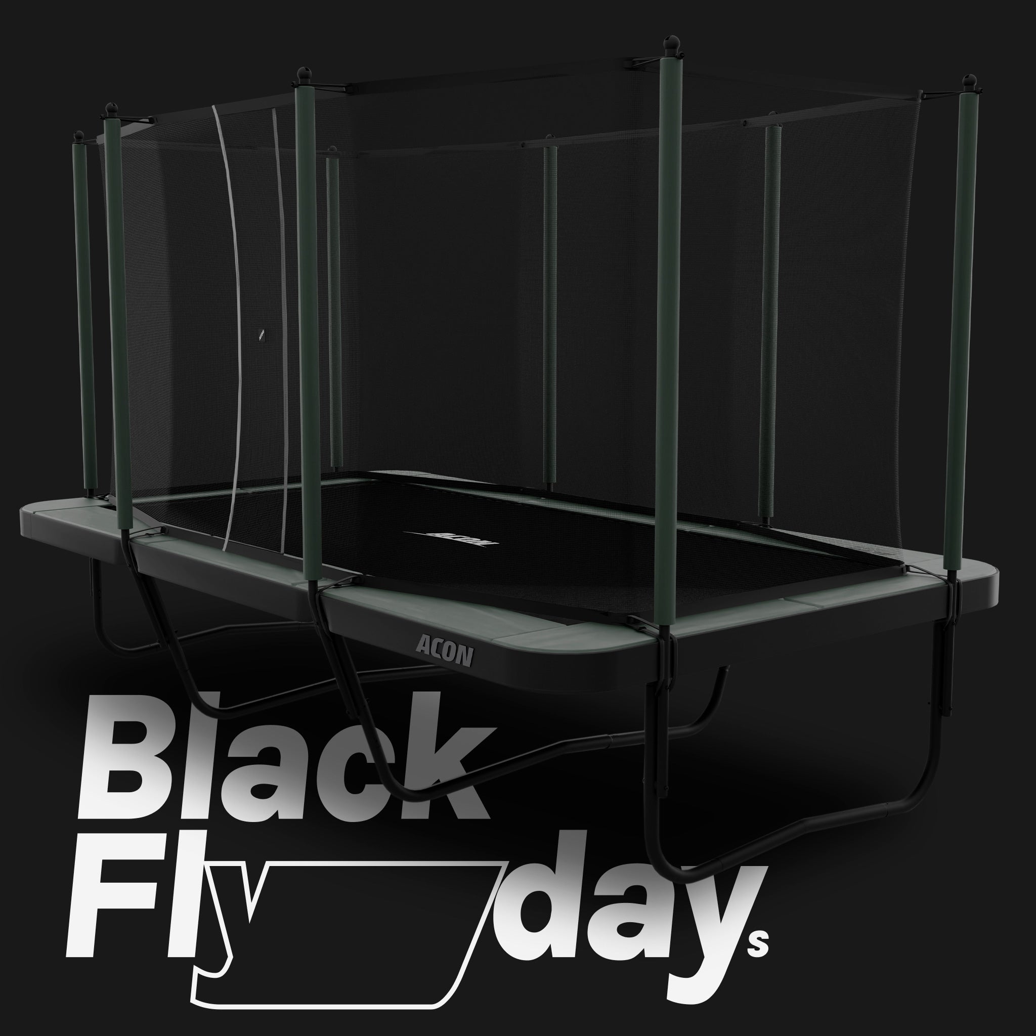 Black Flyday - suorakulmainen Acon 16 Sport HD trampoliini turvaverkolla.