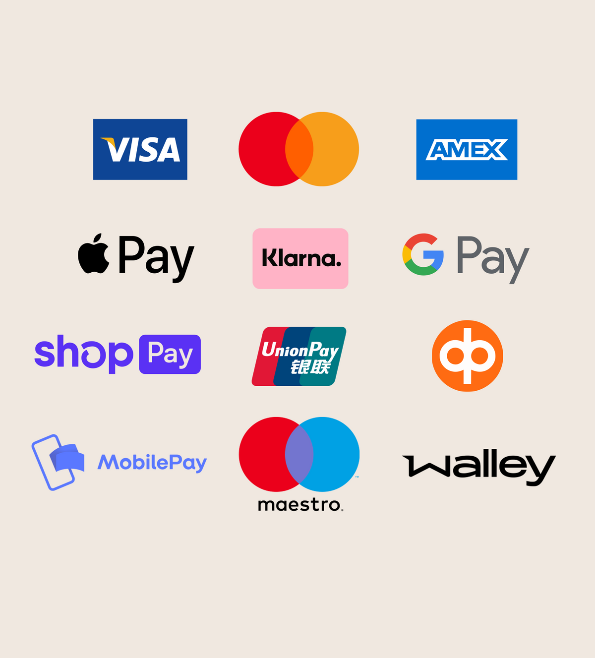 Maksutapalogot: Visa, Mastercard, American Express, Apple Pay, Klarna, Google Pay, Shop Pay, UnionPay, Osuuspankki, MobilePay, Maestro, Walley.