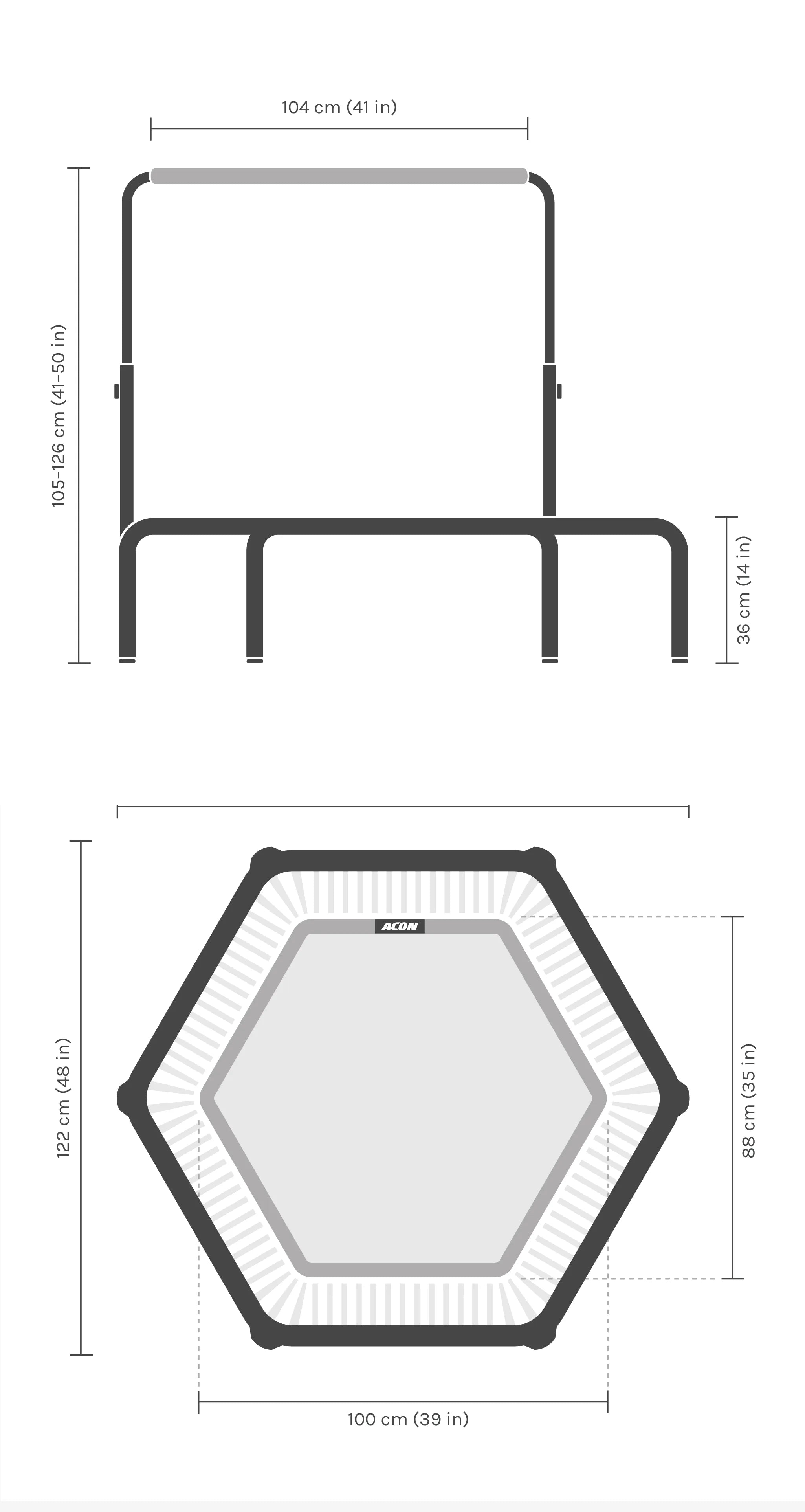 Kuusikulmaisen Acon FIT Balance trampoliinin mitat.