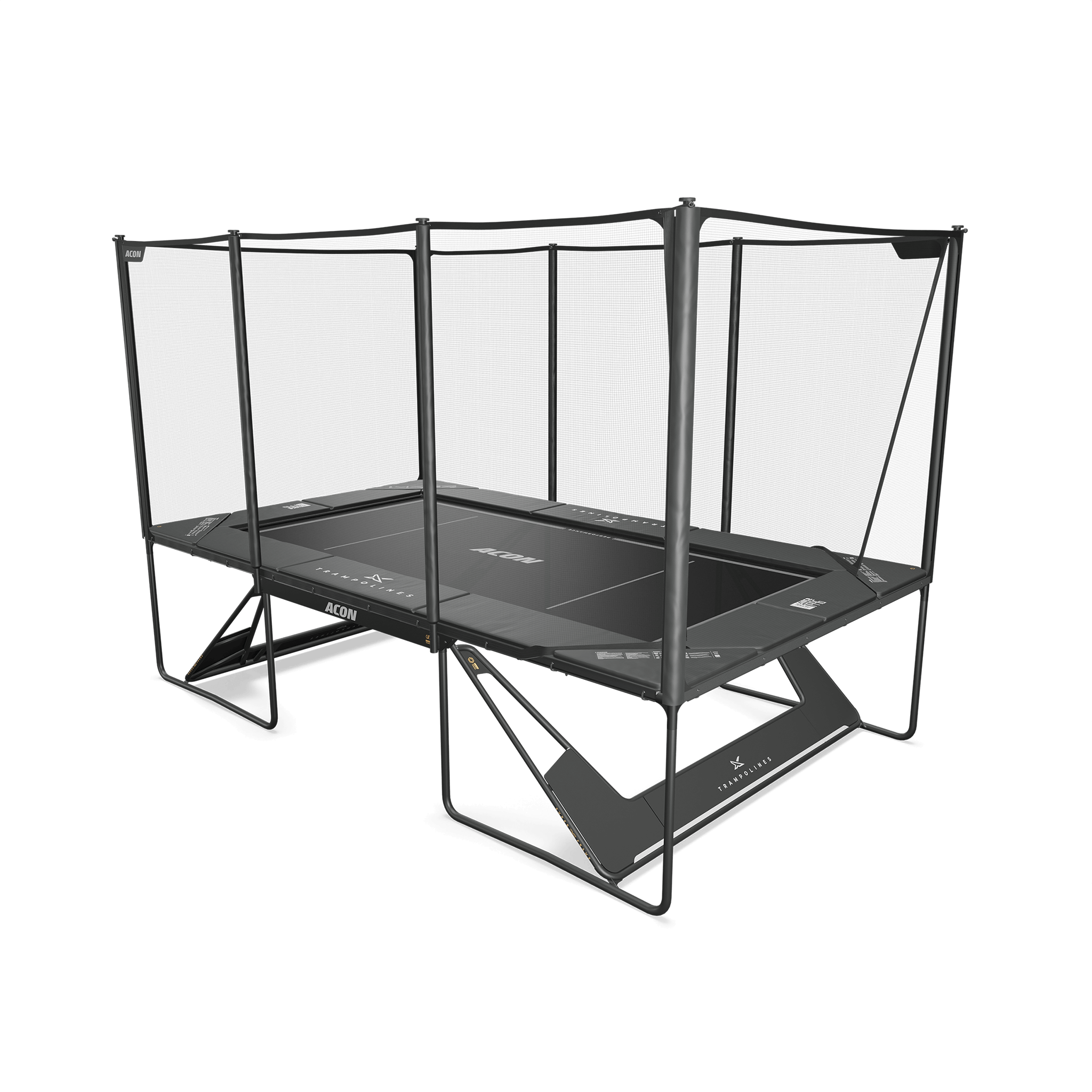 Kuva mustasta Acon X trampoliinista, johon on asennettu Performance-matto