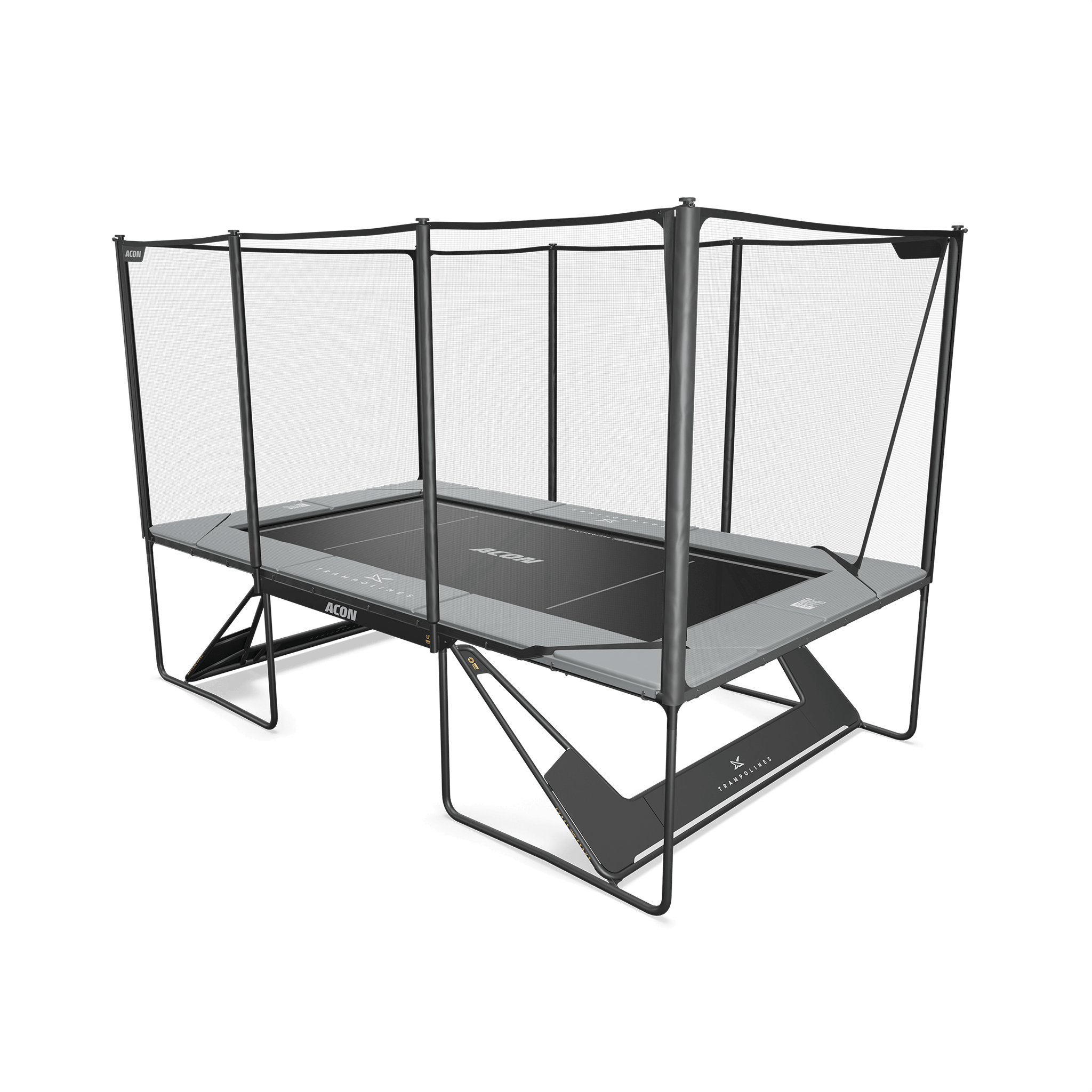 Kuva harmaasta Acon X trampoliinista, johon on asennettu Performance-matto