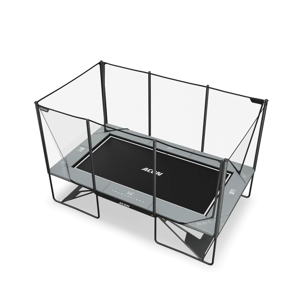 ACON X 17 suorakulmainen trampoliini turvaverkolla ja tikkailla, vaaleanharmaa.
