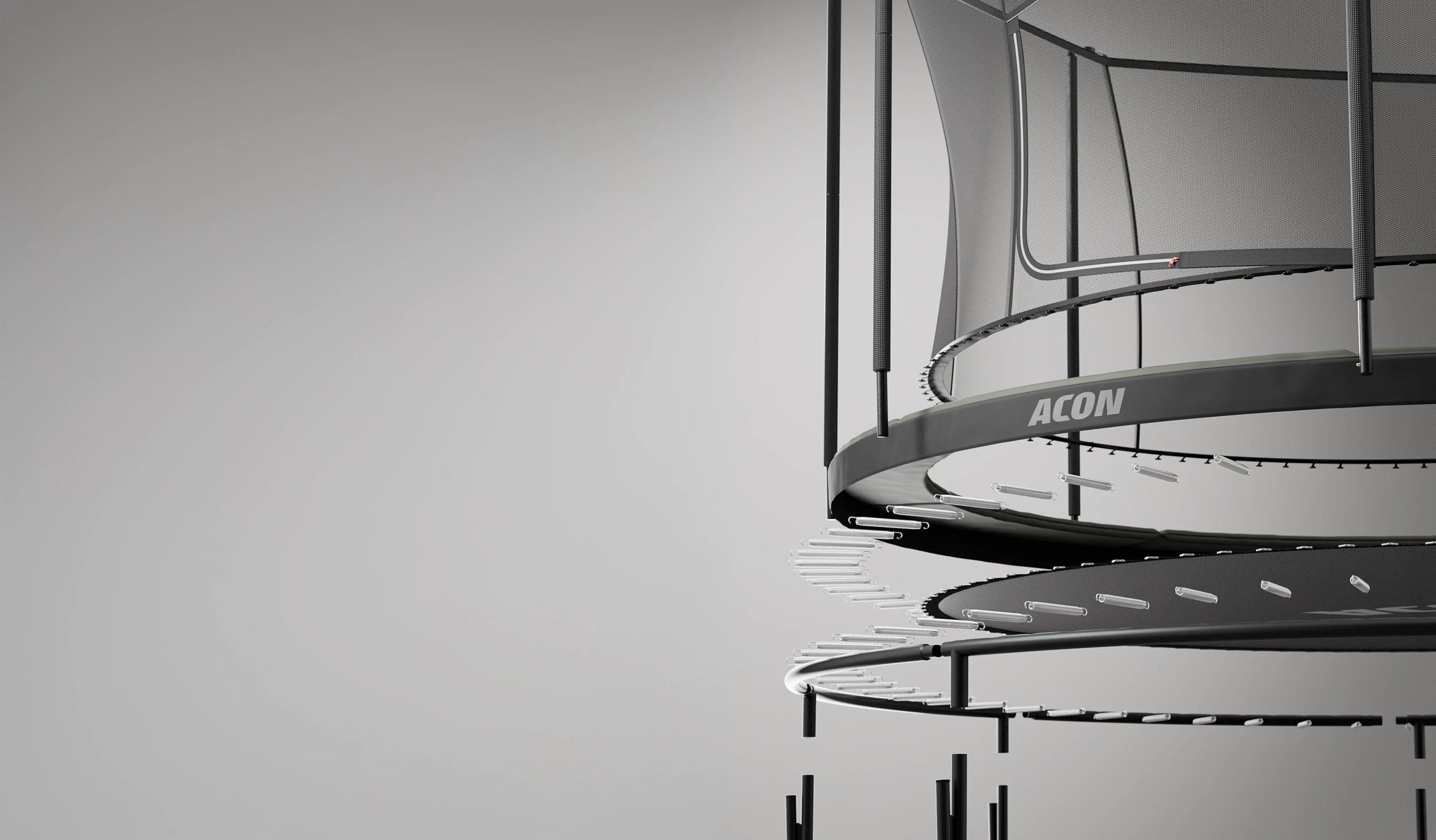 Yksityiskohta Acon Air -trampoliinin räjäytyskuvasta, jossa trampoliinin osat näkyvät eroteltuina.