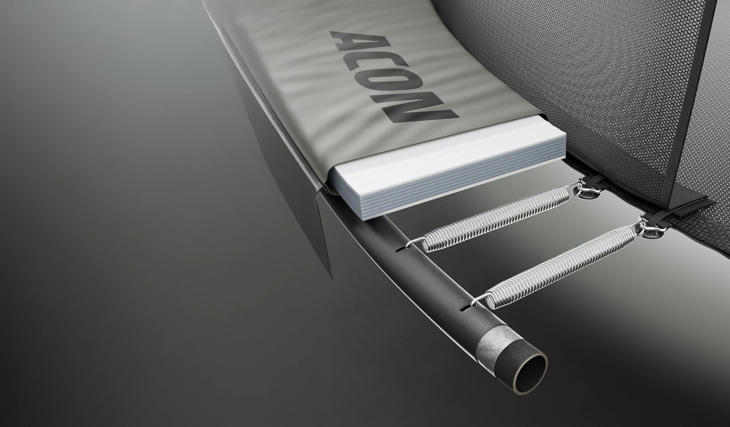 Poikkileikkauskuva Acon Air -trampoliinin runkoputkesta ja 3 cm paksusta turvapehmusteesta.