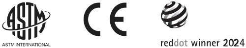 ASTM-, CE- ja Red Dot-logot.