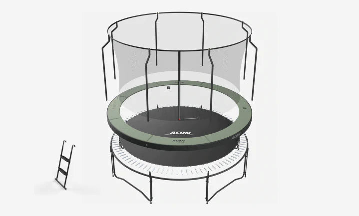 Pyöreän Acon-trampoliinin osat erillään