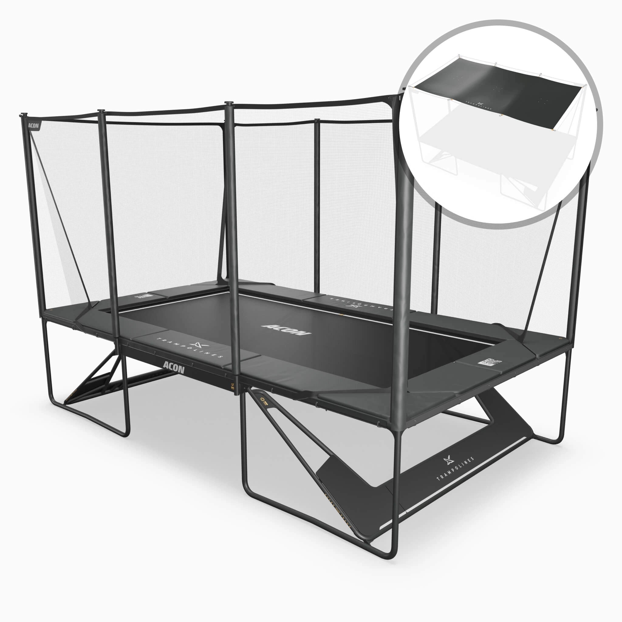 Acon X 17 trampoliini ja pienempi kuva Acon X trampoliinin aurinkosuojasta.