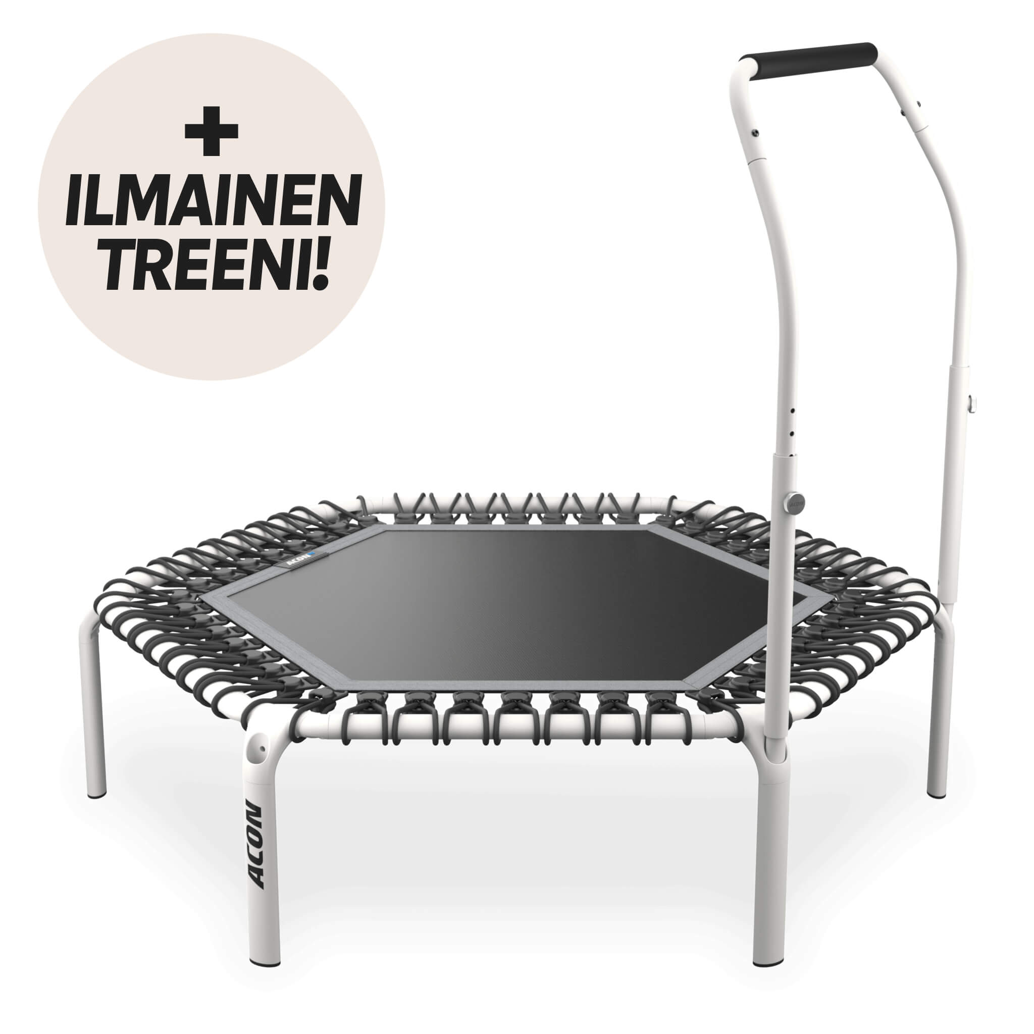 Valkoinen Hexagon Acon FIT-trampoliini Active -kahvalla. Beigessä ympyrässä teksti "+ Ilmainen treeni".