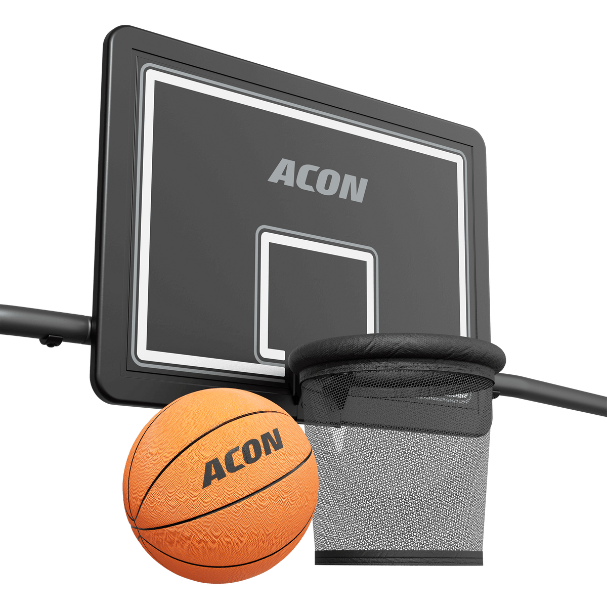 Lähikuva Acon X Trampoline Basketball Hoopista ja koripallosta.