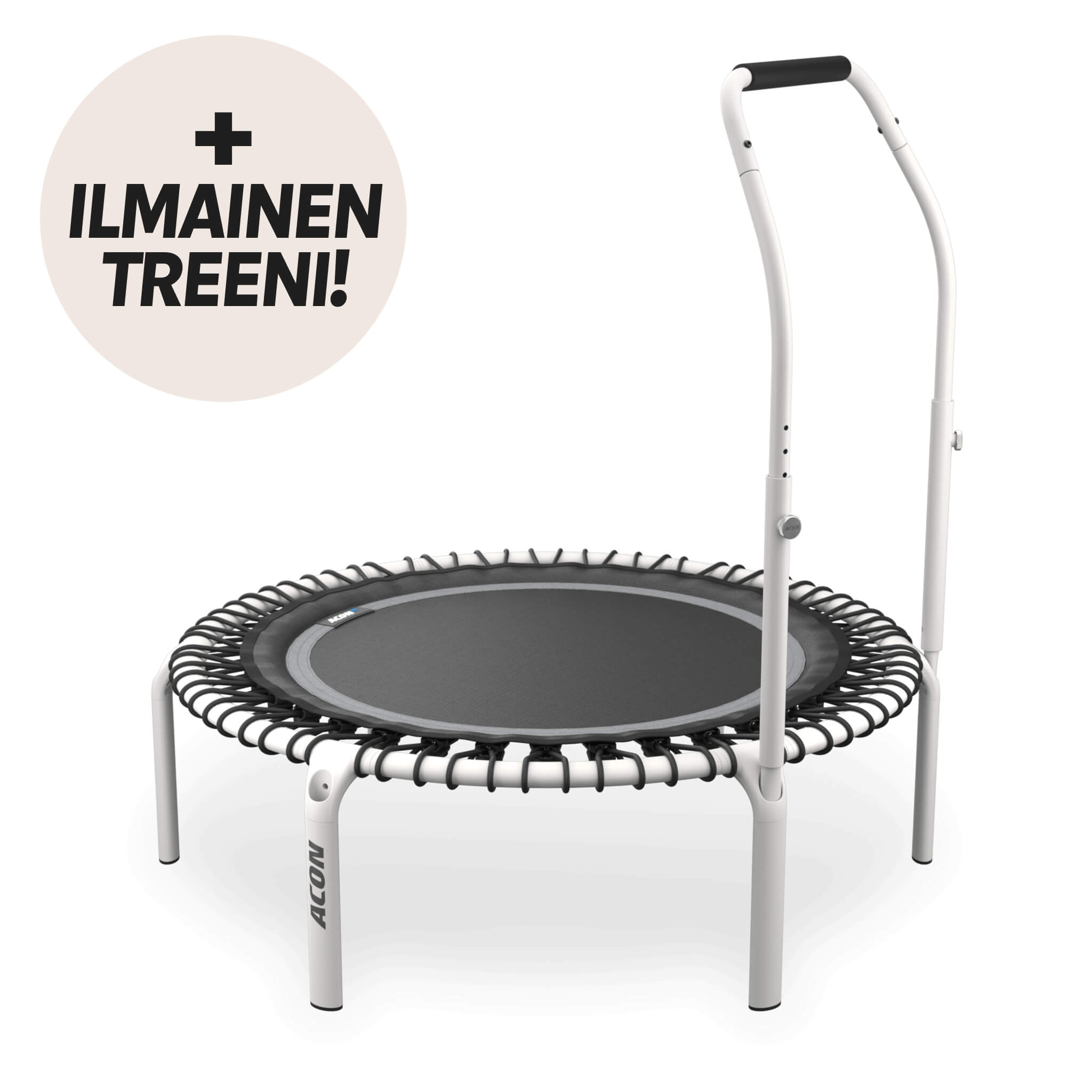 Valkoinen pyöreä Acon FIT-trampoliini Active -kahvalla. Beigessä ympyrässä teksti "+ Ilmainen treeni".