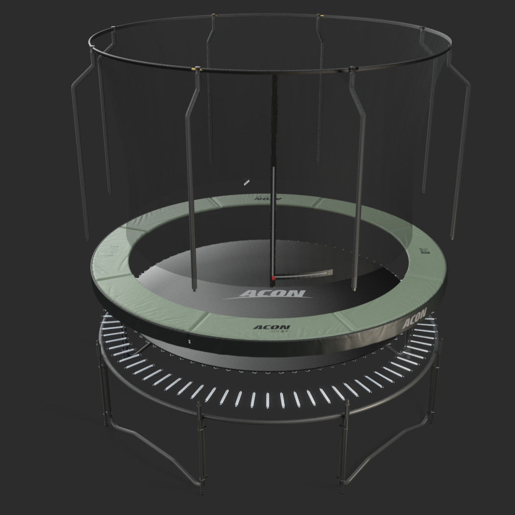 Pyöreän Acon-trampoliinin osat eroteltuina: turvaverkko, pehmuste, matto, jouset ja runko