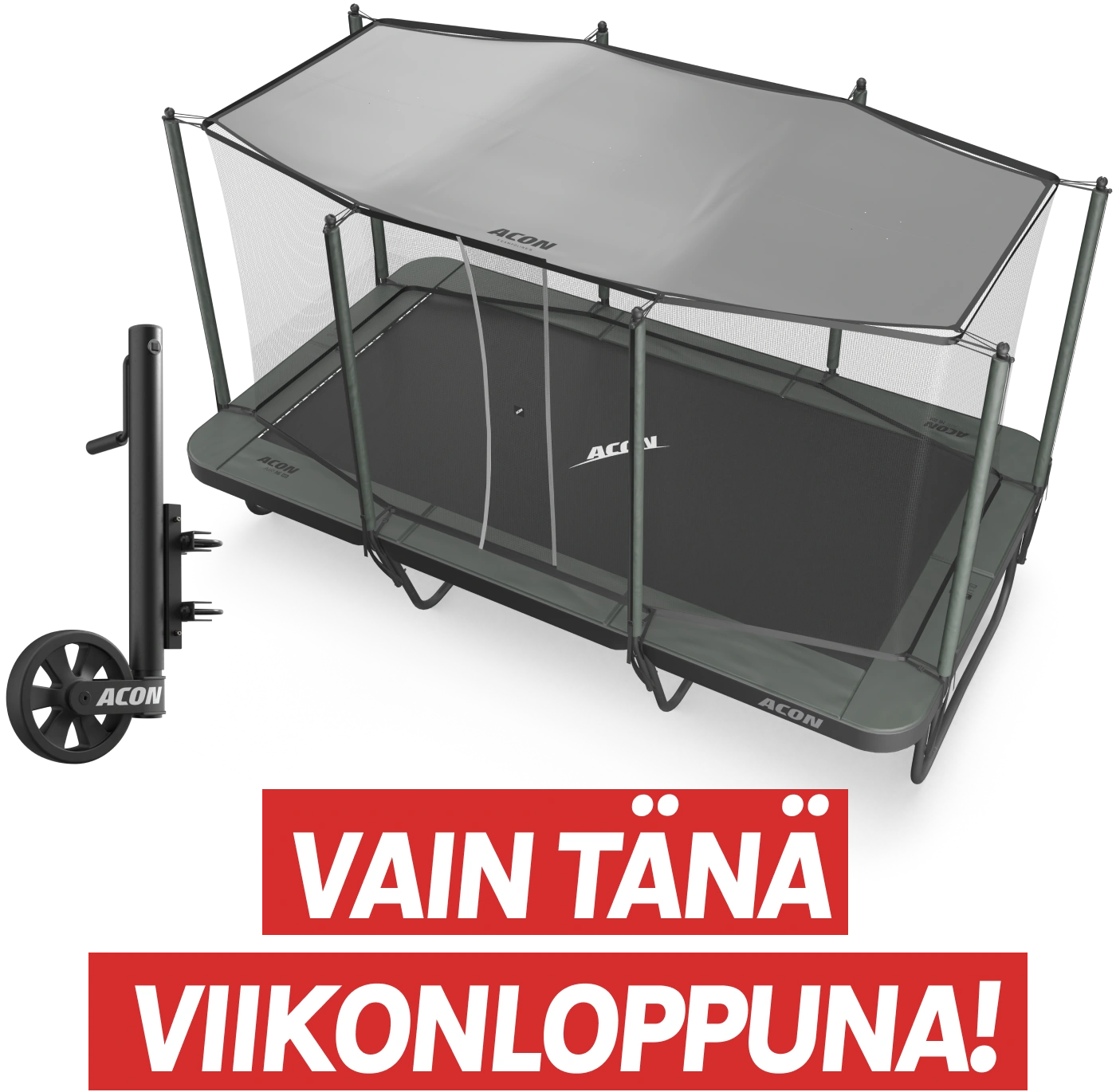 Ilmainen aurinkosuojan kaupan päälle 16 HD -trampoliinin ostajalle ja trampoliinin pyörät vain 399 €!
