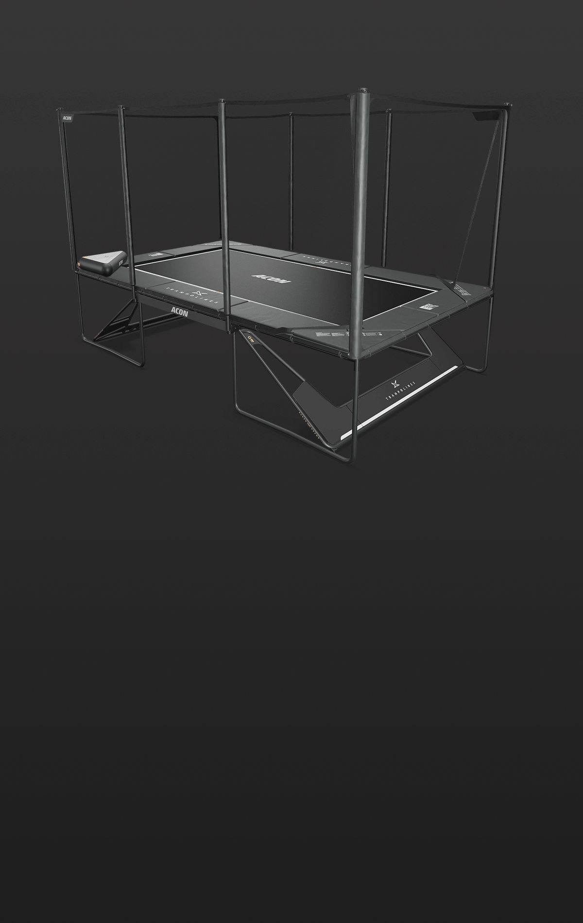 Animoitu kuva Acon X trampoliinista ja sen lisävarusteista.