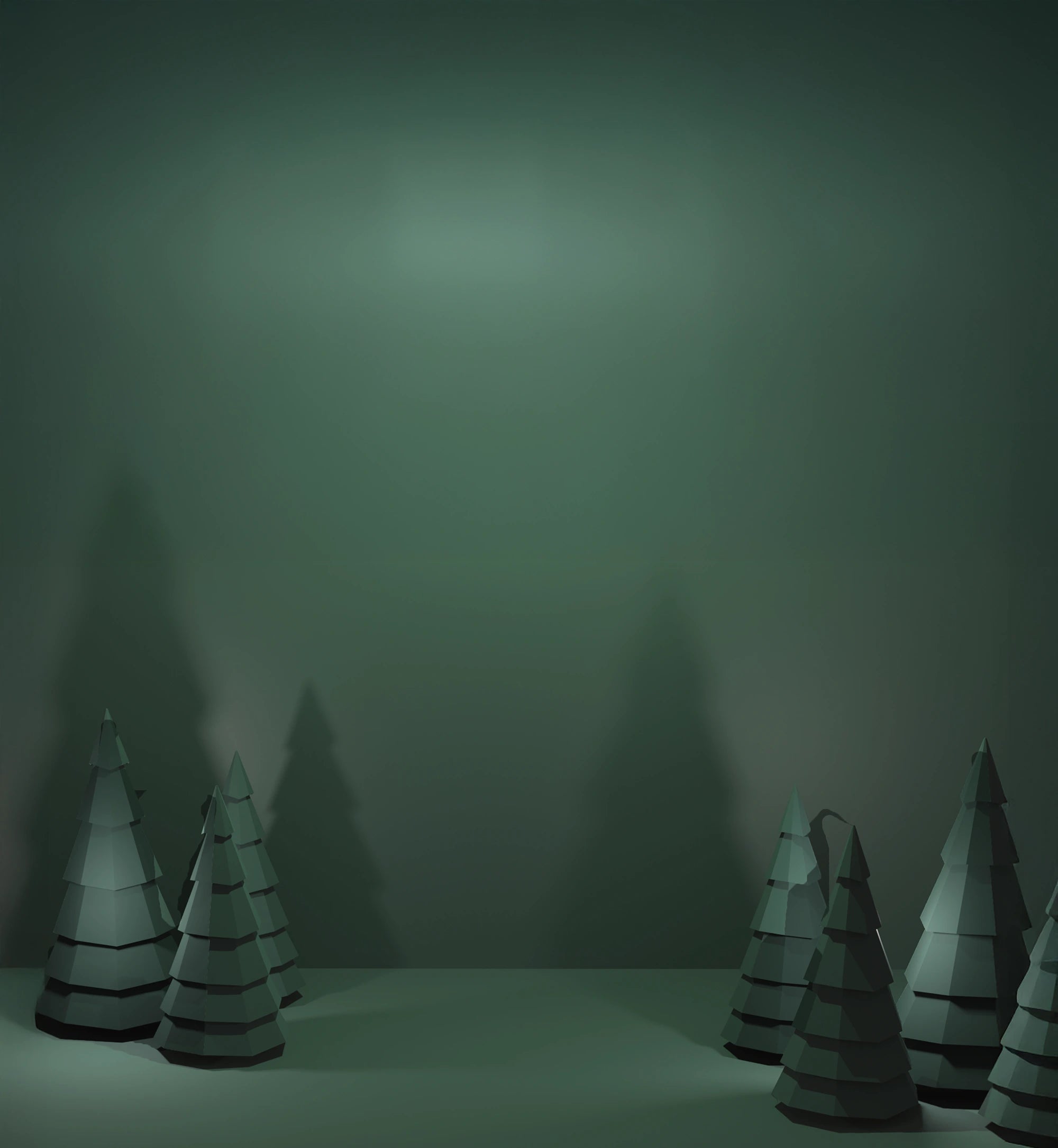 Vihreäsävyinen kuvituskuva kuusimetsästä.