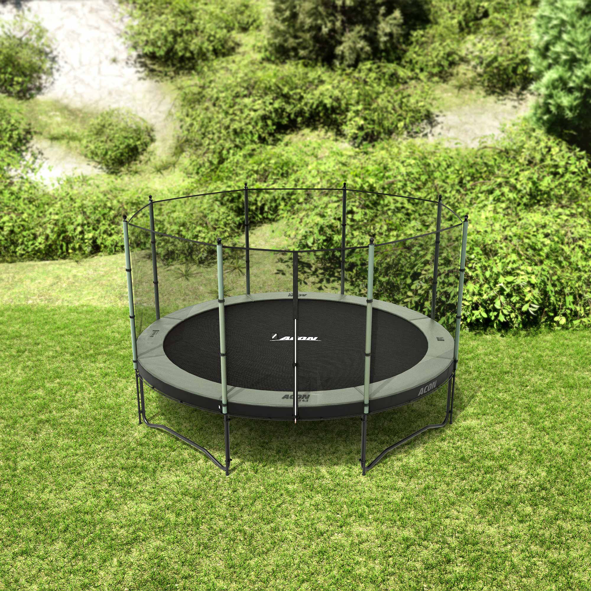 Pyöreä Acon trampoliini standard turvaverkolla.