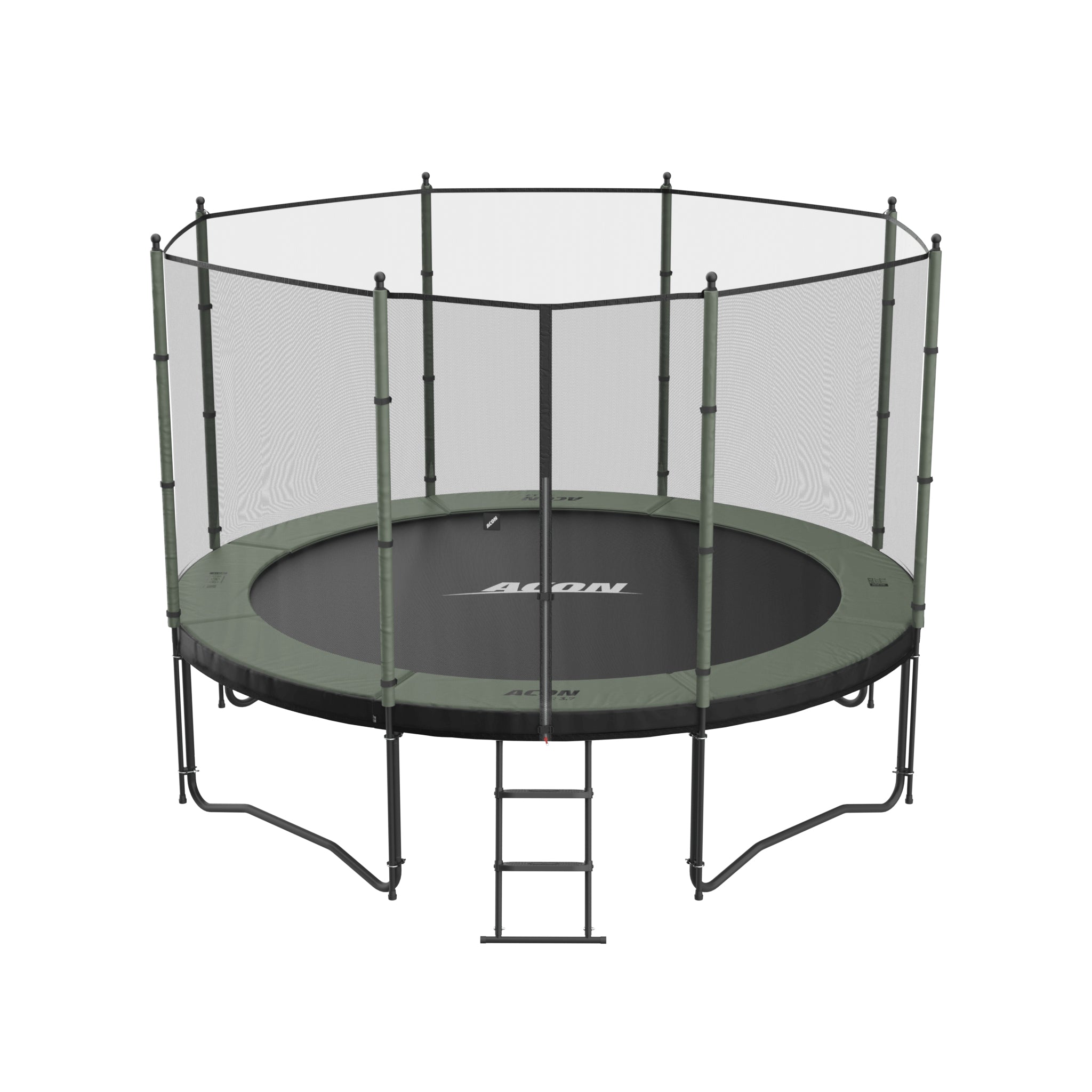 ACON Air 3,7m trampoliini, jossa on Standard-turvaverkko ja tikkaat.