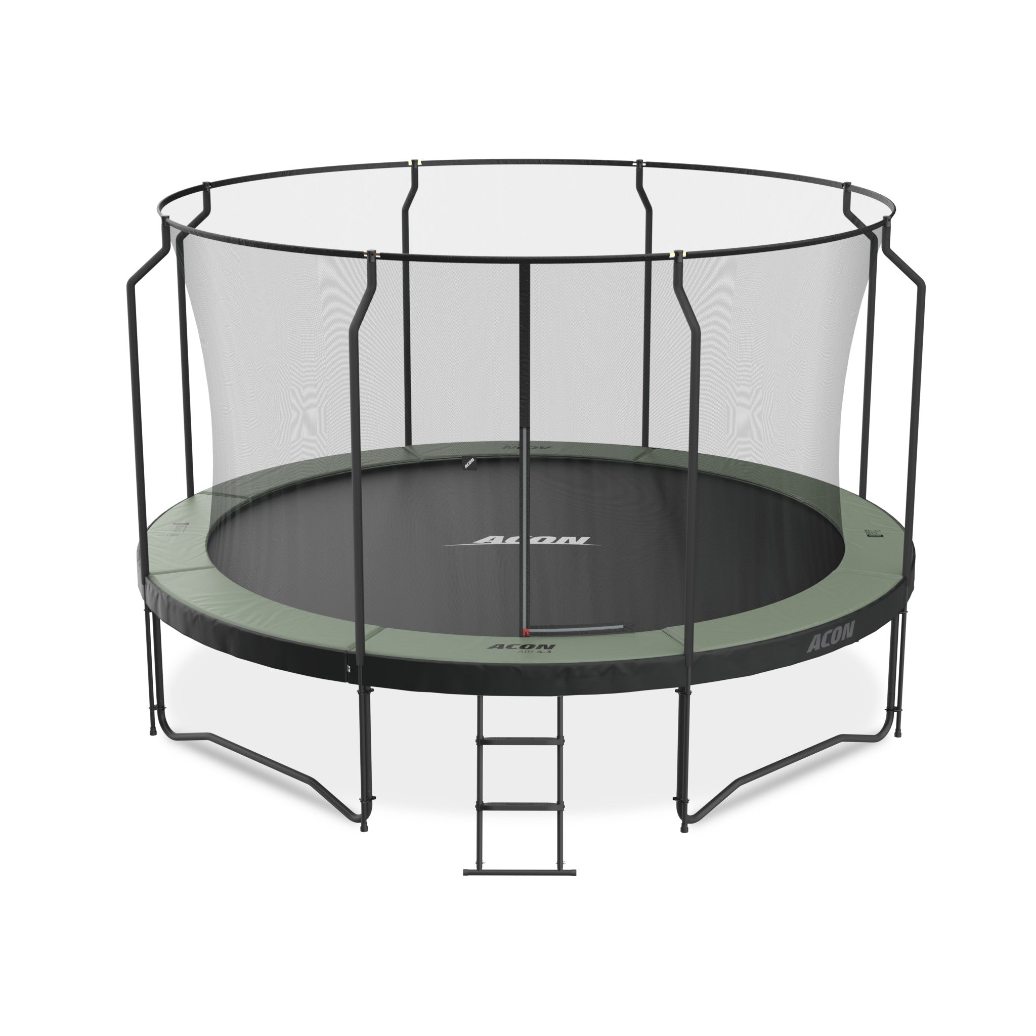 ACON Air 4,3m trampoliini, Premium-turvaverkko ja tikkaat.