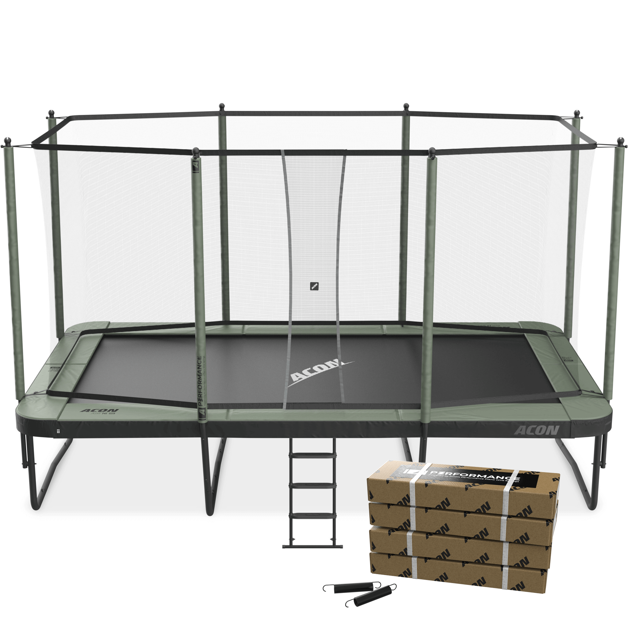 ACON Air 16 HD Performance -trampoliini turvaverkolla, tikkailla ja Performance-jousilla.