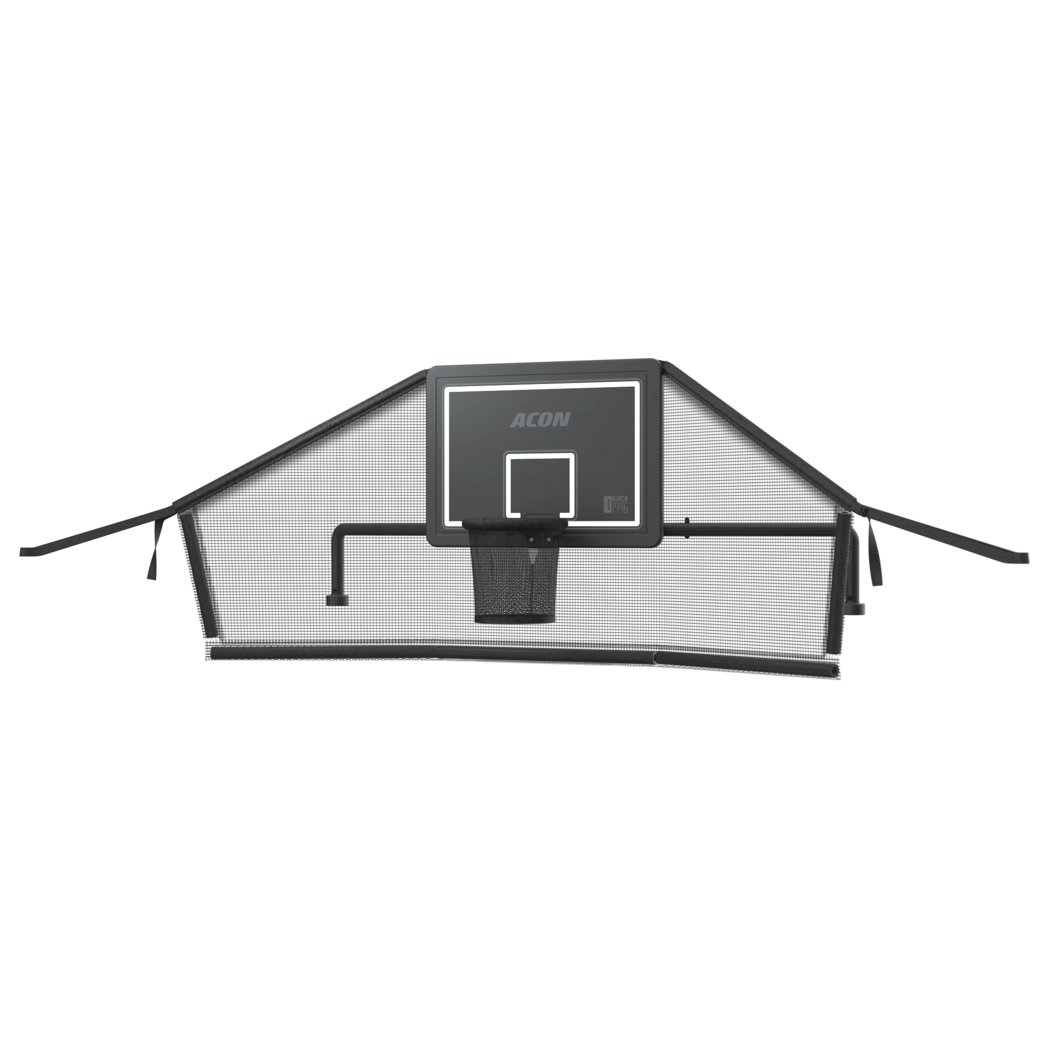 Tuotekuva Acon-trampoliinitelineestä suorakulmaiselle trampoliinille ja sen takaverkosta valkoista taustaa vasten.