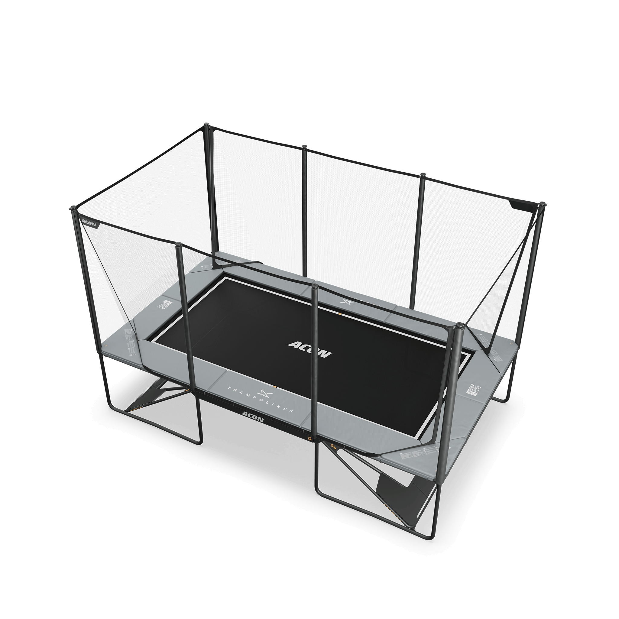 ACON X 17ft suorakulmainen trampoliini turvaverkolla ja tikkailla, vaaleanharmaa.