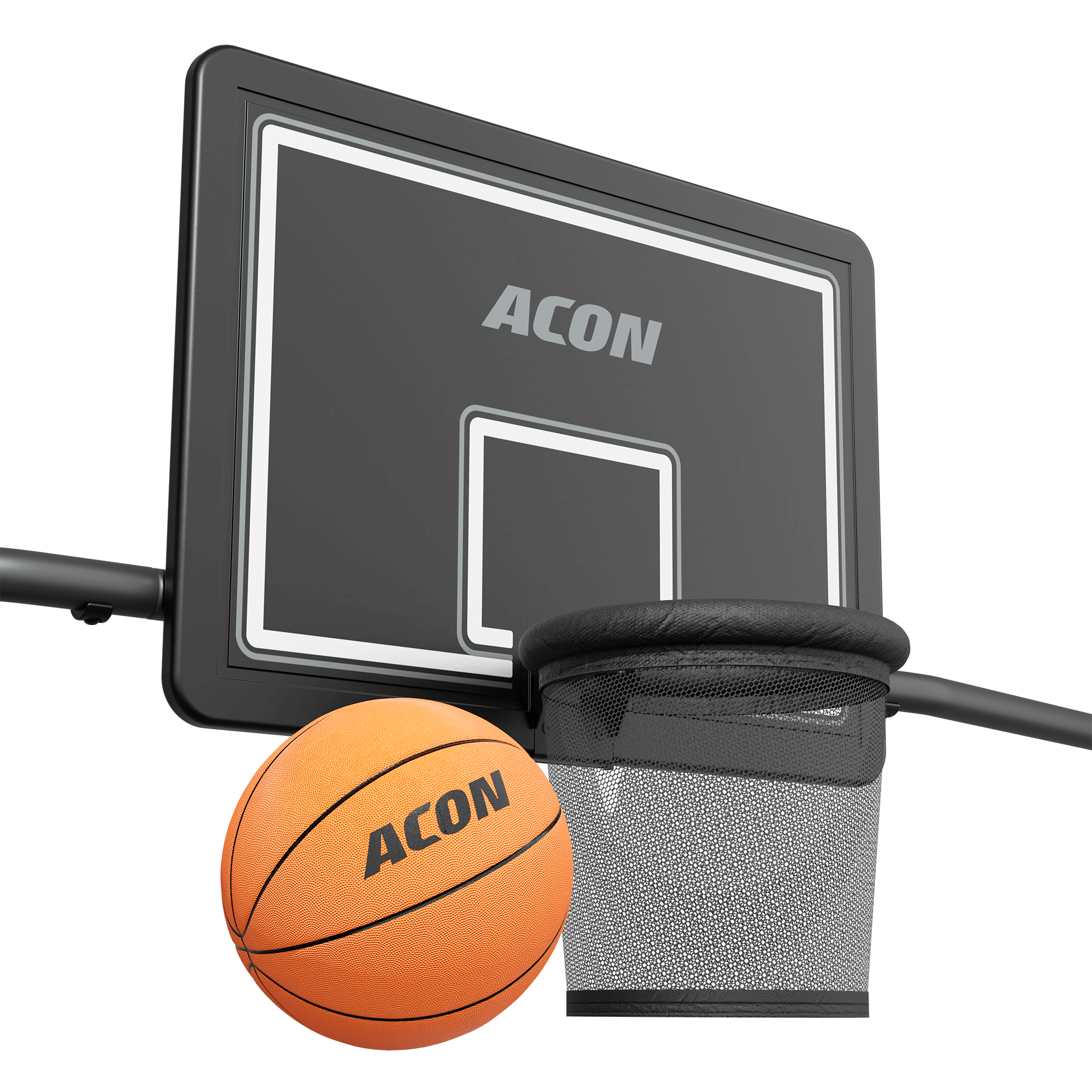 Lähikuva Acon X Trampoline Basketball Hoopista ja koripallosta.